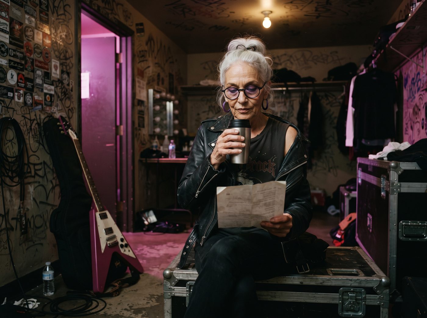 Grandma backstage with a thermos cup and a printout