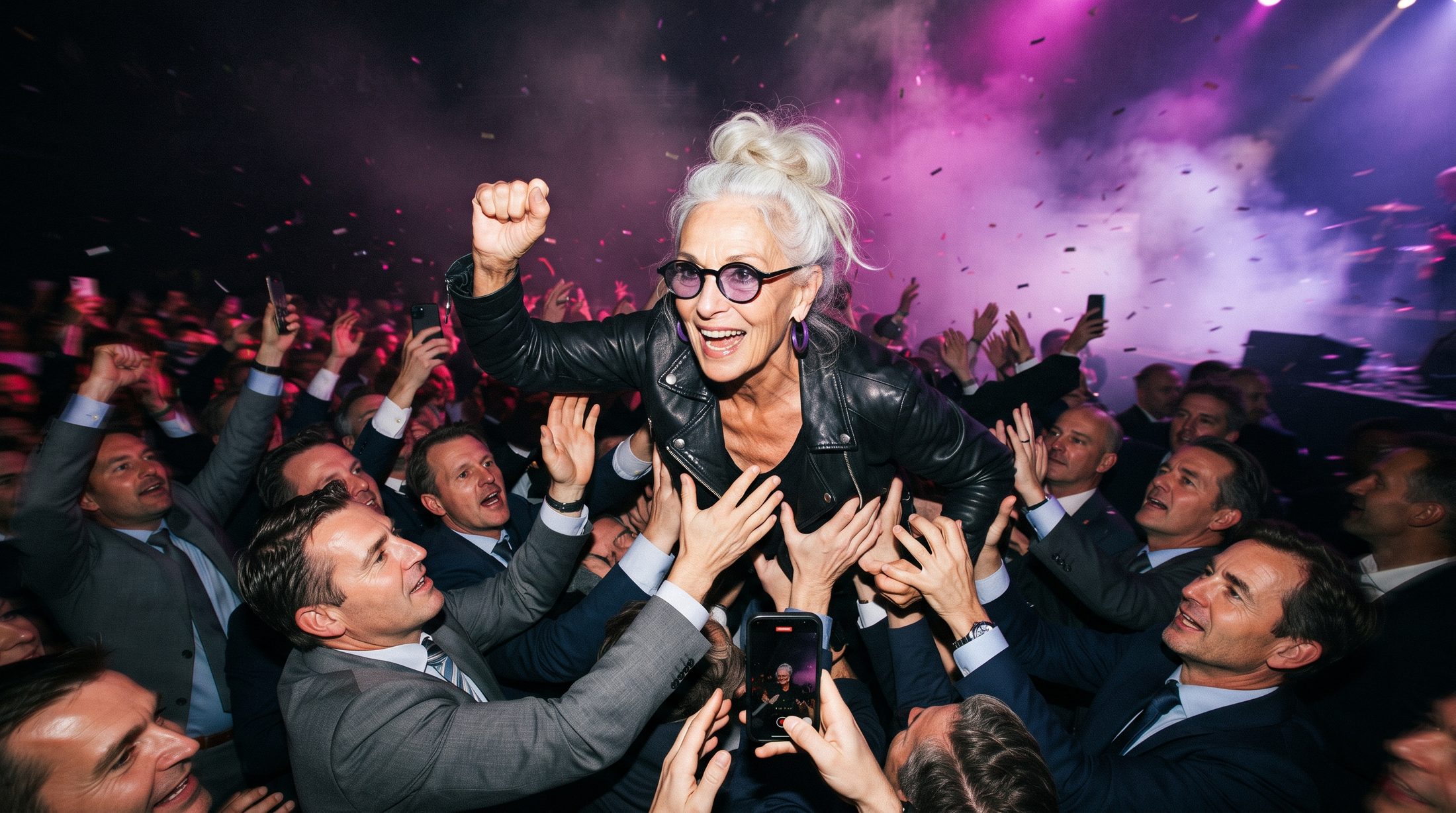Grandma crowd-surfing over an audience of men in suits