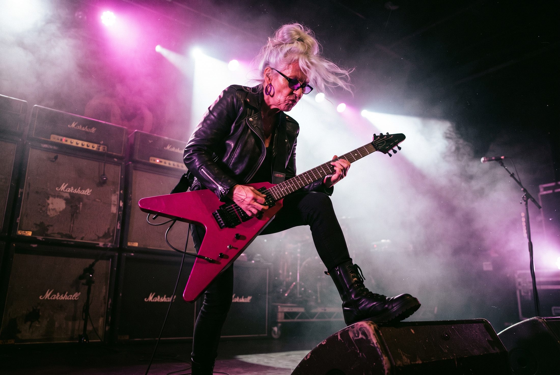 Grandma playing a magenta Flying V guitar on stage