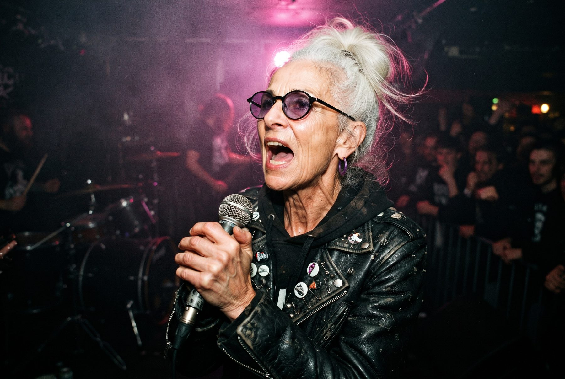 Grandma screaming into a microphone on stage
