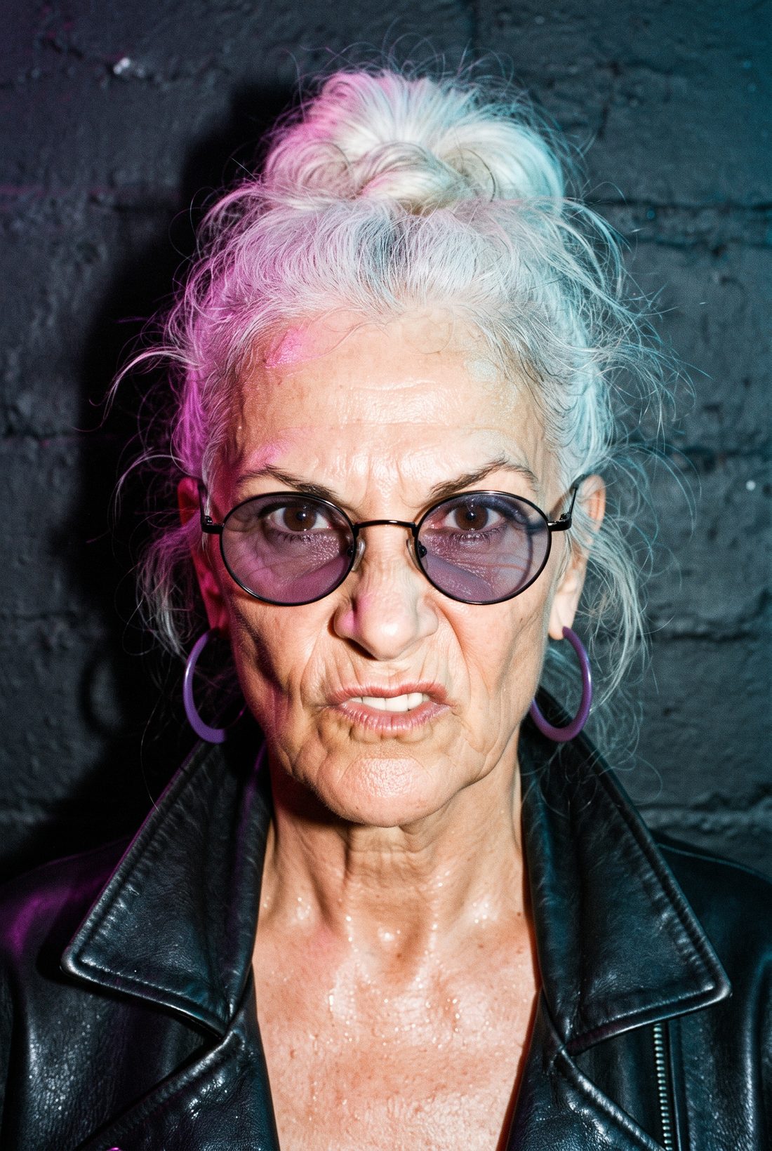 Close portrait of Grandma snarling at the camera